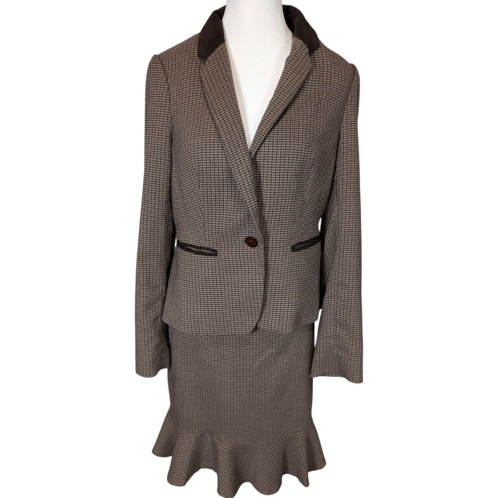 The Limited Houndstooth Skirt Suit Set Brown Velvet Trim Blazer M Skirt 6